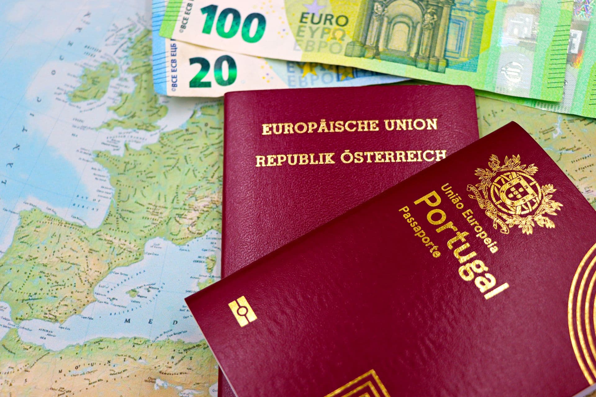 Passports laid on a road map