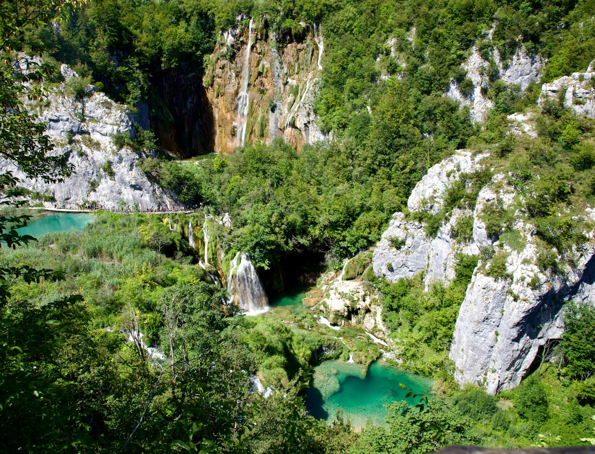 The waterfalls and turquoise lakes of Plitvice from a viewpoint above