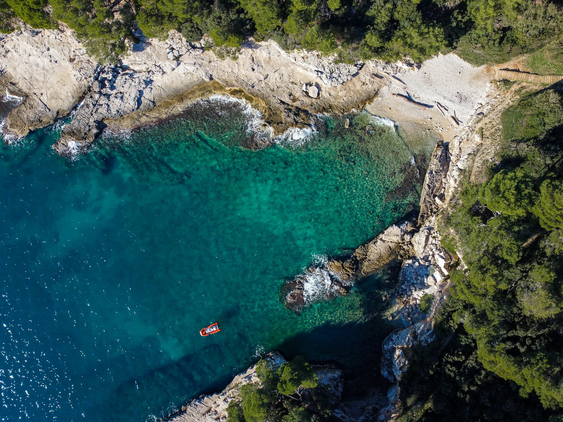 A turquoise Istrian cove with pine-fringed white rocks, from the air