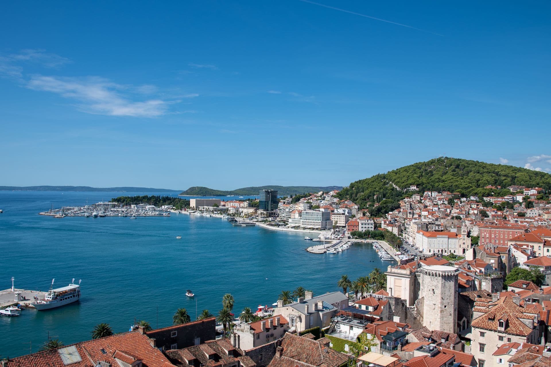 Split's harbour, marina and old town below Marjan hill, from above