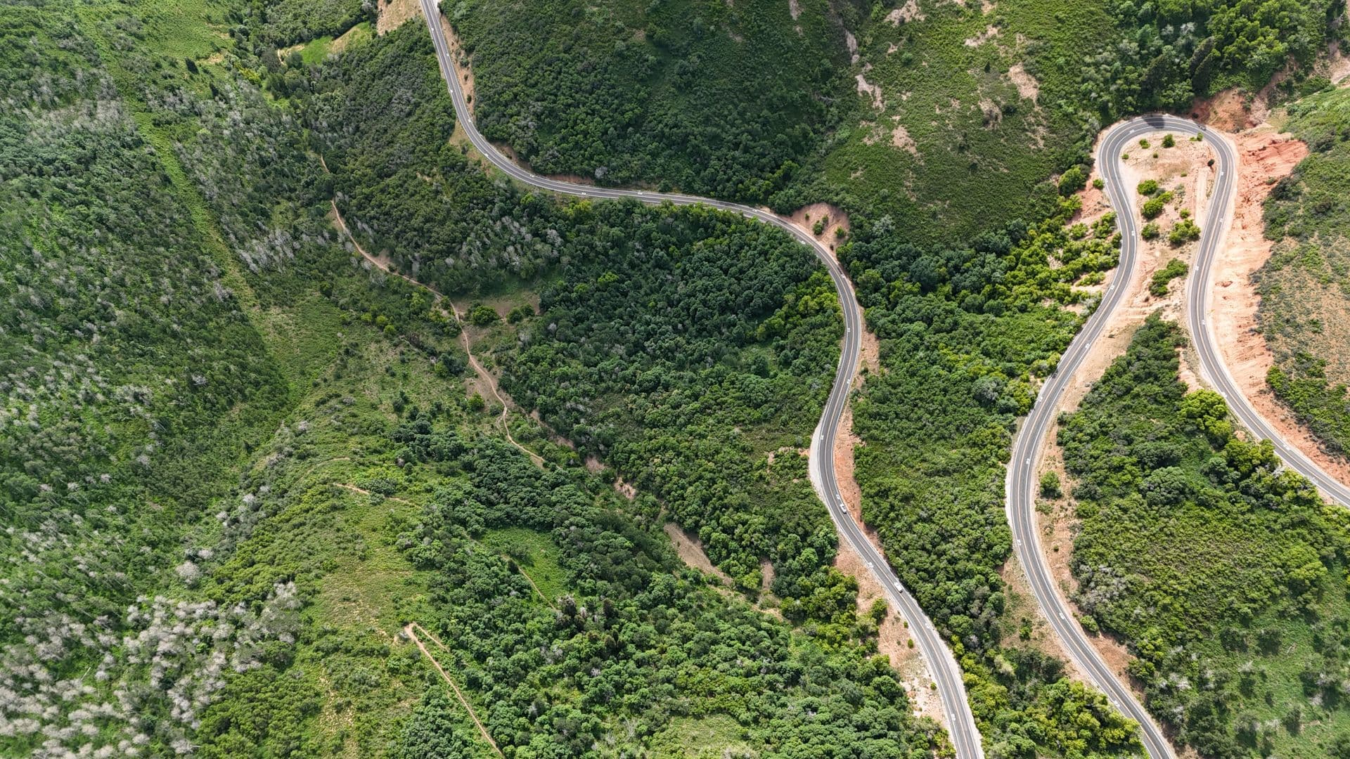 A coastal road winding between headlands above a blue sea, from the air